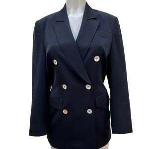 Saks Fifth Avenue Black Blazer Jacket Women's Medium Double Breasted Pure Wool